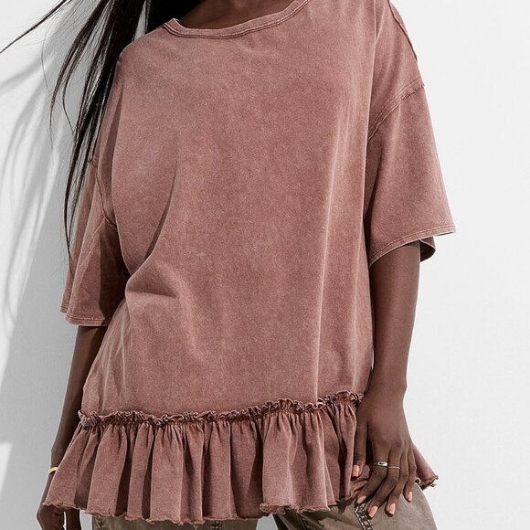 Hazelnut 100% Cotton Ruffled Oversized Tee - Picture 1 of 3